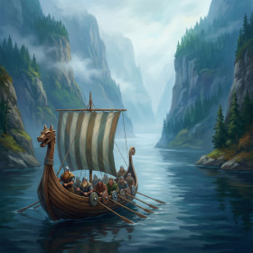 Drakkar dans le fjord brumeux