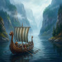 Vikings Rowing Through Misty Fjord