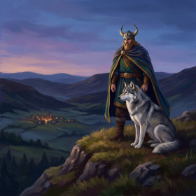 Häuptling auf Bergkuppe mit Wolf