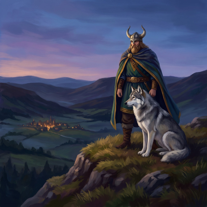 Vikinghoofdman op heuveltop met wolf