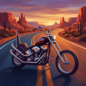 Classic Chopper on a Desert Road at Sunset