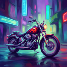 Flame-Painted Motorcycle on Neon Street