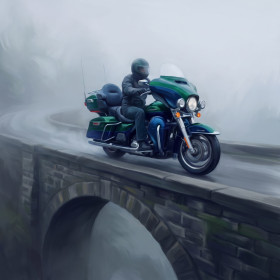 Grande routière sur pont brumeux