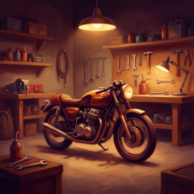 Motorrad im warmen Garagenlicht