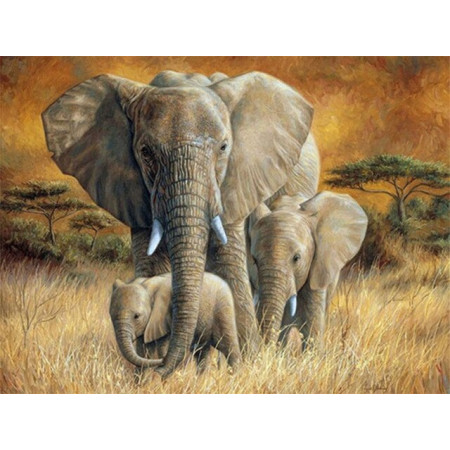  3 Éléphants Savane Broderie Diamants Eléphant