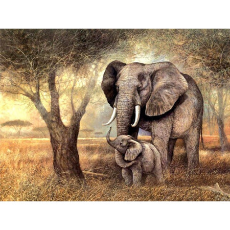 Diamond-schilderij Mamma-olifant en haar welp Diamond Painting Olifant