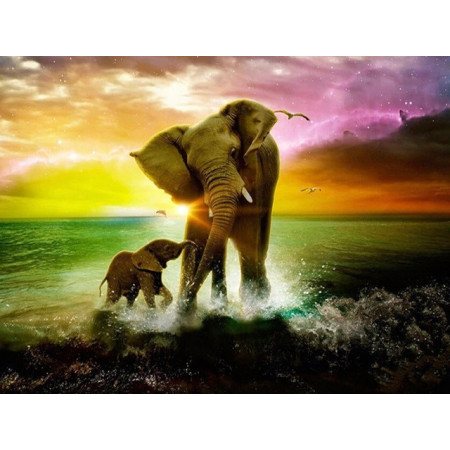  Éléphants, Rêve au Crépuscule Broderie Diamants Eléphant