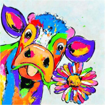 Quadro Diamante Mucca con fiore, Pop Art Diamond Painting Mucche
