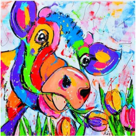 Pittura a diamante Mucca pop art in tulipani Diamond Painting Mucche