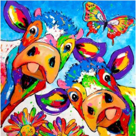Pittura Diamante Mucche Colorate e Farfalla Diamond Painting Mucche
