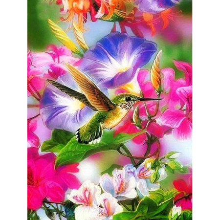  Colibri au Jardin de Pétunias Diamond Painting Oiseaux