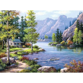  Paysage: Het chalet aan het meer Diamond Painting Bergen