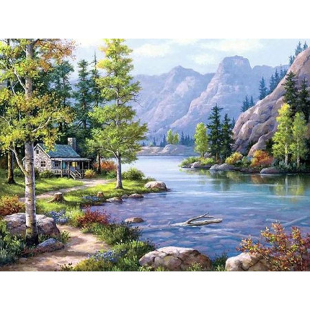  Le Chalet au Bord du Lac Diamond Painting Montagnes