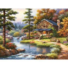 Diamantschilderij Herfstchalet aan de rivier Diamond Painting Bos