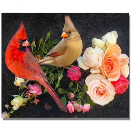 Paar kardinalen en rozen Diamond Painting Vogels