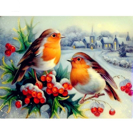  Rouges-gorges en Hiver Diamond Painting Oiseaux