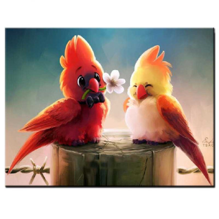  Oiseaux Amoureux sur un Piquet Diamond Painting Oiseaux