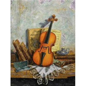  Viool op een getekend meubelstuk Diamond Painting Muziek