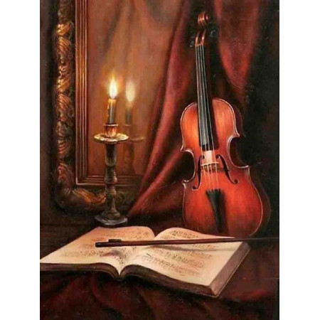  Violino con libro e candela Musica Diamond Painting
