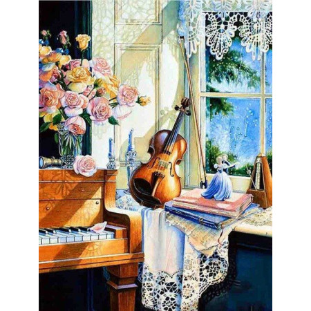  Davanzale della finestra con violino Musica Diamond Painting
