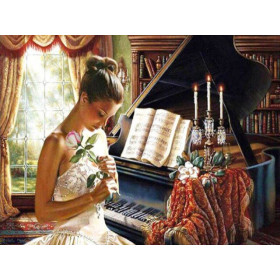  Piano met vrouw en roos Diamond Painting Muziek