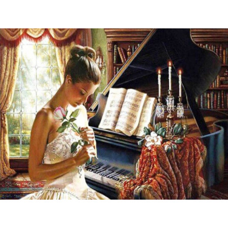  – Klavier mit Frau und Rose Diamond Painting Musik