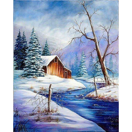  Landscape: il fienile d'inverno Diamond Painting Montagne