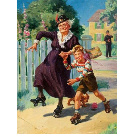  – Großeltern und Enkelkinder mit Rollschuhen Diamond Painting Ältere Person