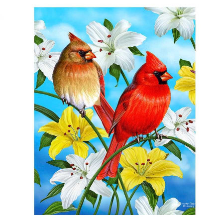  Kardinalspaar in den Lilien Diamond Painting Vögel