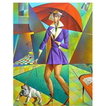  – Frau mit Regenschirm und Hund im Picasso-Stil Diamond Painting Damen & Herren
