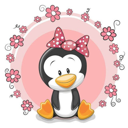  Pinguino con fiori rosa Diamond Painting Piccoli Animali Divertenti