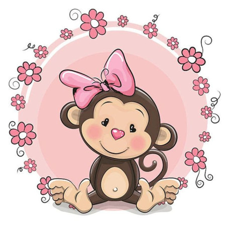  Baby Monkey Pink Flowers Funny Little Animals Diamond Painting