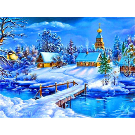  Landschaft: Das verschneite Dorf Diamond Painting Berge