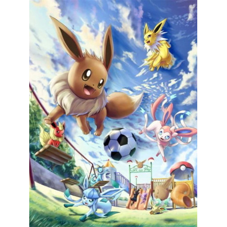 Diamond painting Eevee ed evoluzioni che giocano a calcio sotto cielo azzurro