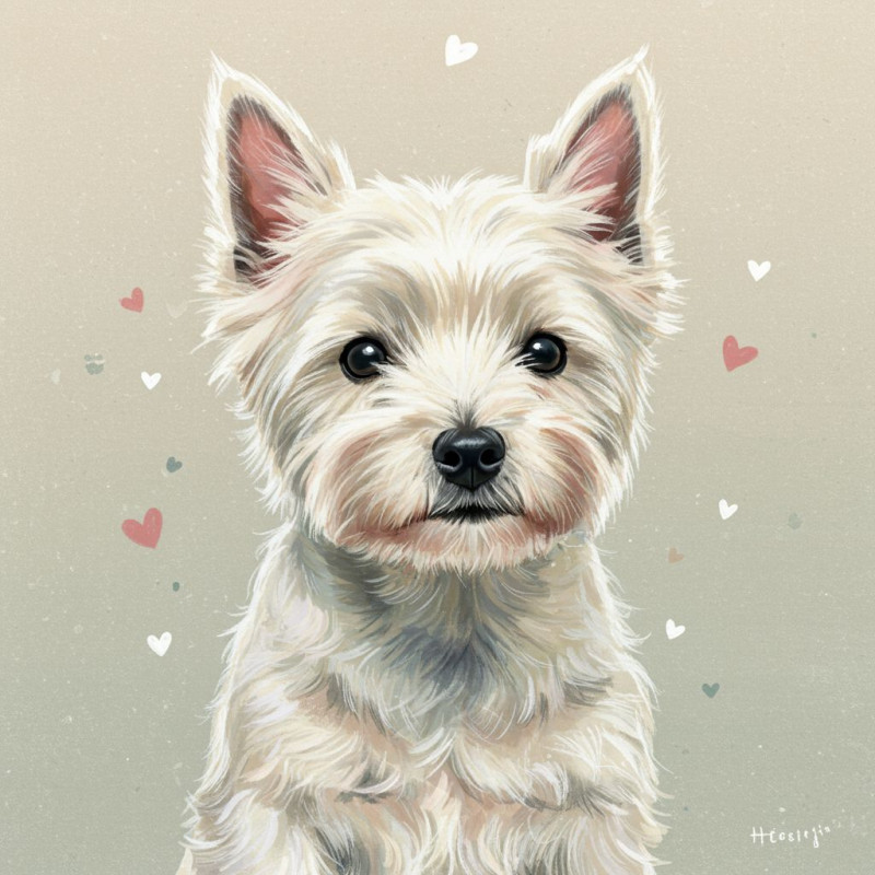 Chien blanc terrier broderie diamant strass brillants cœurs