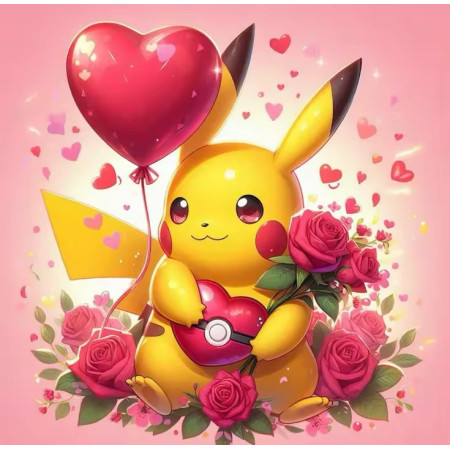Pikachu Diamantmalerei Liebeserklärung mit Rosen und glänzendem Herzluftballon