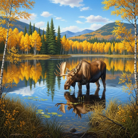  Eland bij het herfstmeer Diamond Painting Elanden