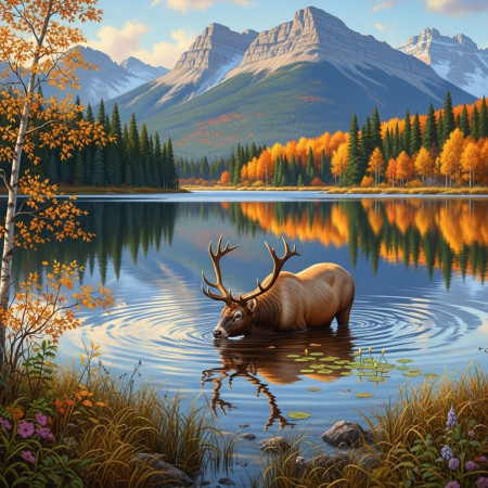  Hert bij Autumn Lake Diamond Painting Elanden