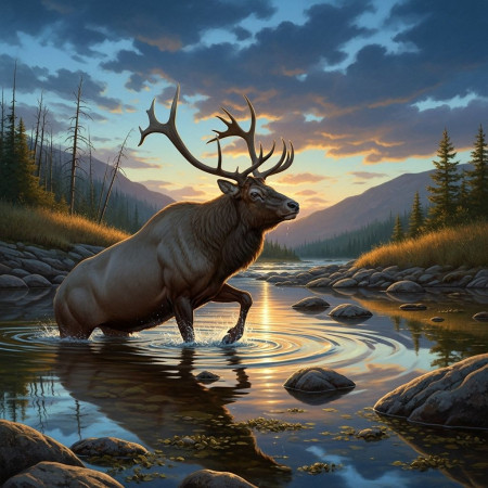 Diamantmalerei – Hirsch überquert den Goldenen Fluss Diamond Painting Elche