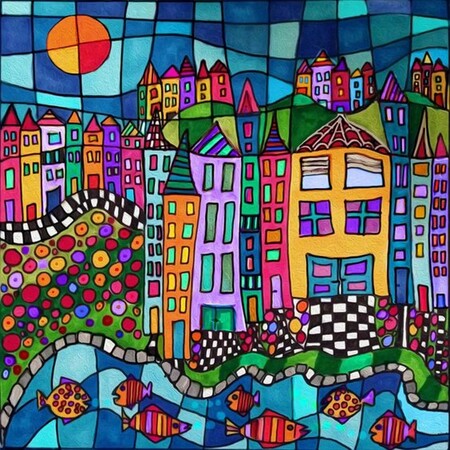 Stained Glass City with Fish Diamond Painting