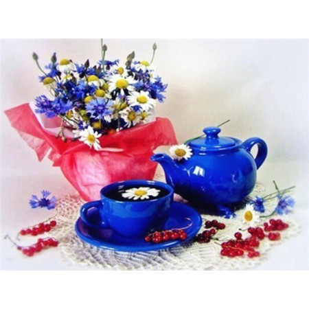  Blauwe theekop Diamond Painting koffie thee