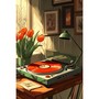 Tourne-disque rétro et tulipes rouges