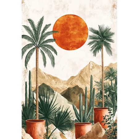 Oasis de palmiers en pots et montagnes désertiques