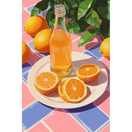 Bouteille de jus et oranges coupées