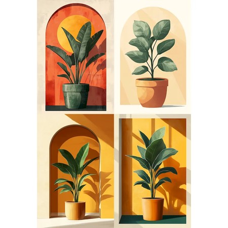 Collage de quatre plantes vertes en pots