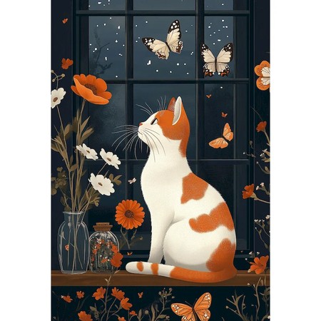 Chat blanc et roux observant la nuit à la fenêtre