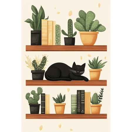 Chat noir endormi sur une étagère de livres et cactus