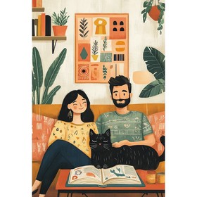 Couple lisant un livre avec son chat noir sur le canapé