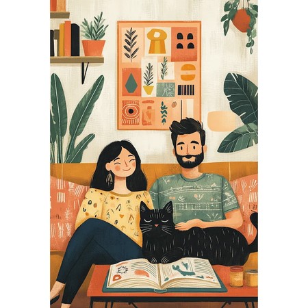 Couple lisant un livre avec son chat noir sur le canapé