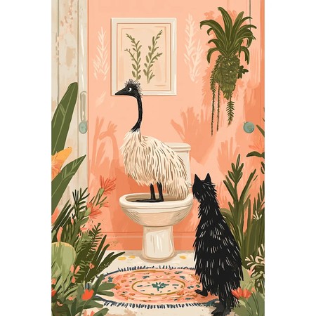 Autruche sur les toilettes et chat noir